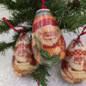 3 Vintage Santa Elf Ornaments Teardrop Decoupage Paper Mache‎ Christmas Baking